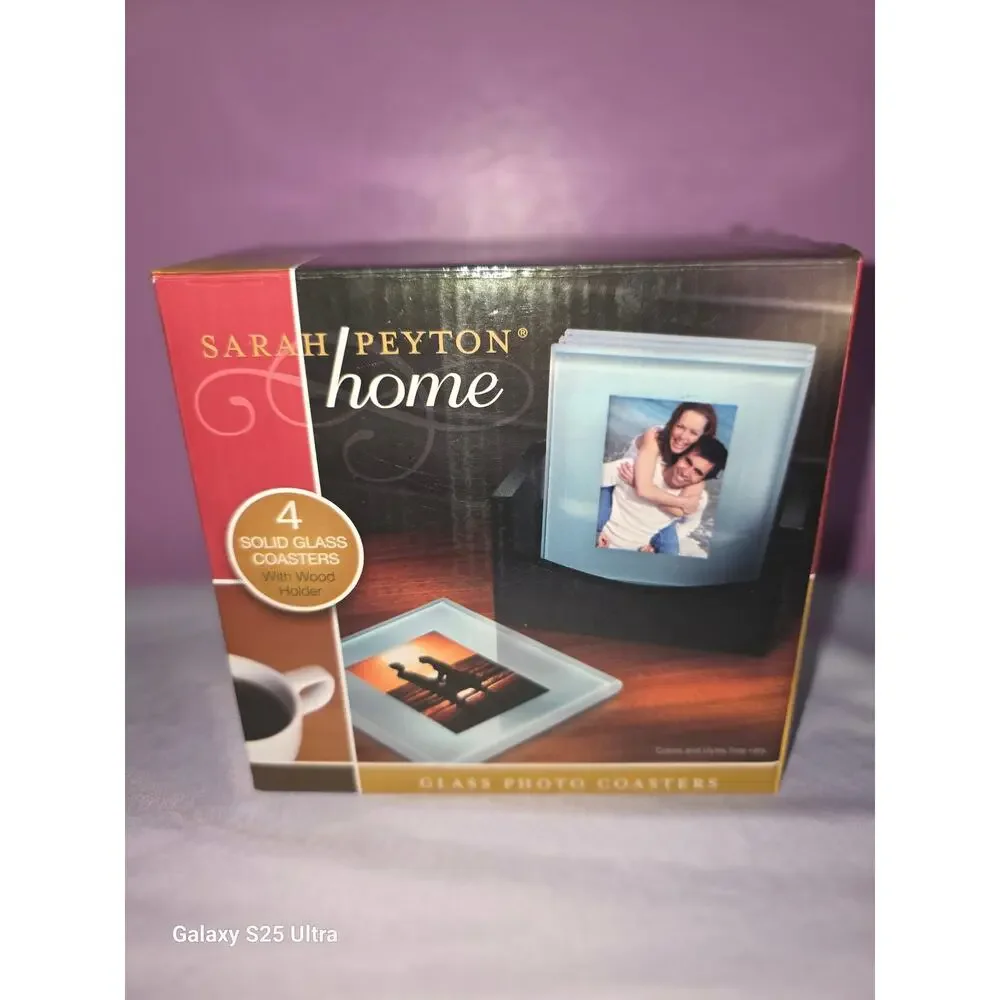 Glass photo coasters with wood holder Sarah Peyton Home set of 4